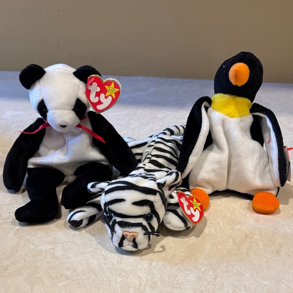 Ty Beanie Babies Black and White Panda, Zebra, and Penguin Trio